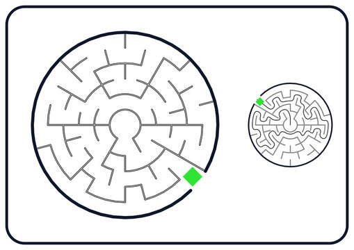 Circular maze for kids, easy printable logic game, find the way from start to exit, black and white, activity worksheet page with solution