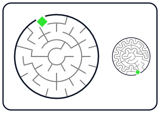 Circular maze for kids, medium difficulty printable logic game, find the way from start to exit, black and white line art, activity worksheet page with solution
