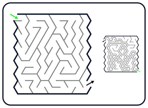 Rectangular maze for adults, medium difficulty printable logic game, find the way from start to exit, black and white line art, activity worksheet page with solution