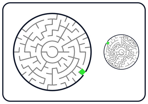Round maze for kids, easy printable logic game, find the way from start to exit, black and white line art, activity worksheet page with solution