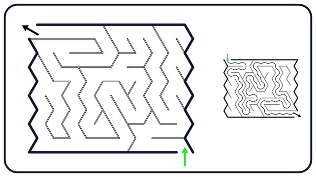 Rectangular maze for kids, medium difficulty printable logic game, find the way from start to exit, black and white line art, activity worksheet page with solution