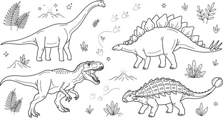 Prehistoric Dinosaur Vector Icon Set with Volcano and Foliage Elements for Children Designs © MstBabli