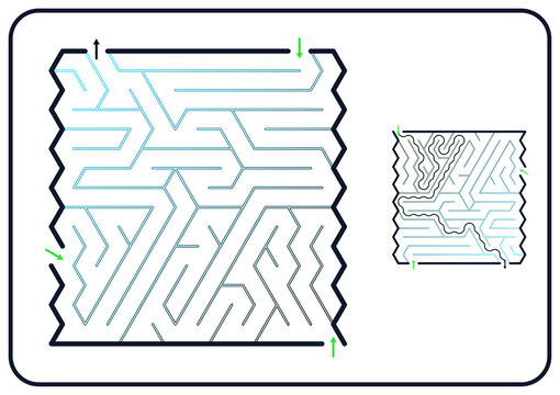 Rectangular maze for kids, medium difficulty printable logic game, find the way from start to exit, line art, activity worksheet page with solution