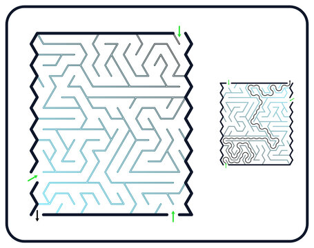Rectangular maze for kids, medium difficulty printable logic game, find the way from start to exit, black and white, activity worksheet page with solution
