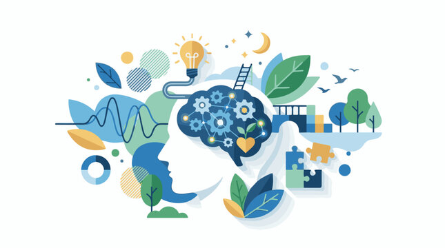A colorful illustration showcasing a brain filled with gears cogs and a heart amidst leaves and eco-friendly elements