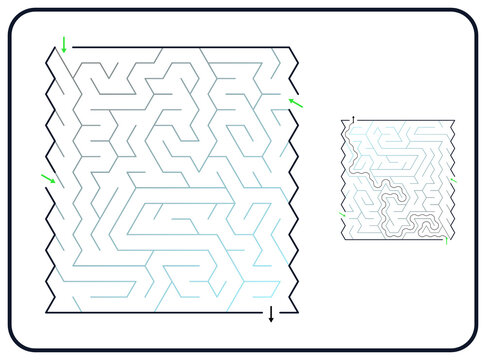 Rectangular maze for kids, medium difficulty printable logic game, find the way from start to exit, line art, activity worksheet page with solution