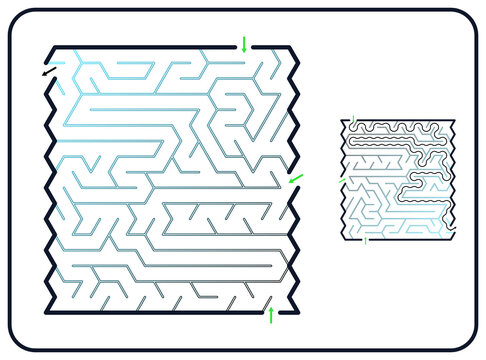 Rectangular maze for kids, medium difficulty printable logic game, find the way from start to exit, line art, activity worksheet page with solution