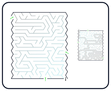 Rectangular maze for kids, medium difficulty printable logic game, find the way from start to exit, black and white line art, activity worksheet page with solution