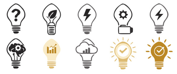 Assorted conceptual light bulb icons representing innovation strategy and solutions on a white background © Alamgir@