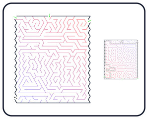Rectangular maze for adults, medium difficulty printable logic game, find the way from start to exit, gradient line art, activity worksheet page with solution © Yulia