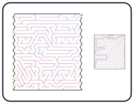 Rectangular maze for kids, medium difficulty printable logic game, find the way from start to exit, line art, activity worksheet page with solution