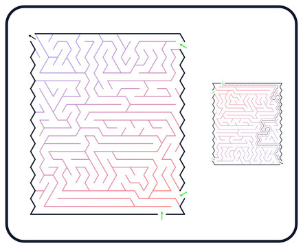 Rectangular maze for kids, medium difficulty printable logic game, find the way from start to exit, colorful line art, activity worksheet page with solution