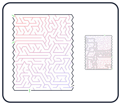 Rectangular maze for kids and adults, medium difficulty printable logic game, find the way from start to exit, colorful line art, activity worksheet page with solution