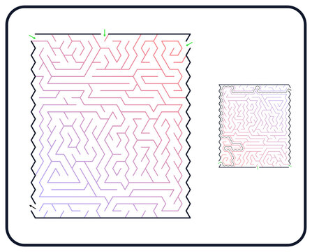 Rectangular maze for adults, medium difficulty printable logic game, find the way from start to exit, gradient line art, activity worksheet page with solution