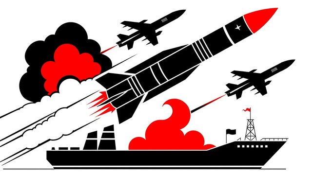 Warship, missiles, and fighter jets in combat, military naval battle scene, explosive action illustration, warfare graphics