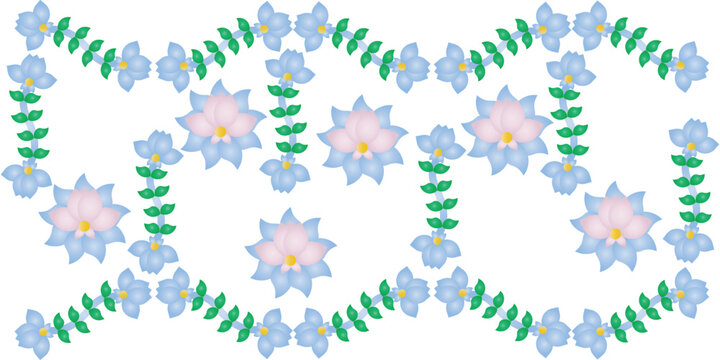 Floral pattern concept with blue blossoms and green leaves in a symmetrical decorative design for backdrops