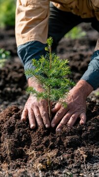 A man's hands planting a small pine tree seedling into dark soil. Represents reforestation and environmental.