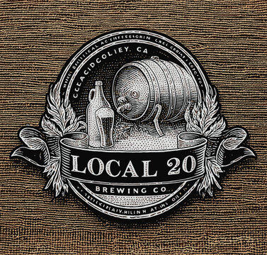 Vintage Brewery Logo Emblem with Beer Barrel and Glass