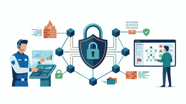 Cybersecurity concept with a large padlock and shield surrounded by network connections and two people working on comput