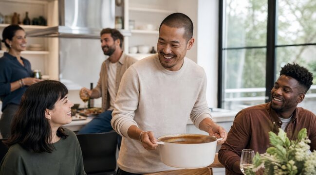 Friends at a housewarming party in a kitchen
