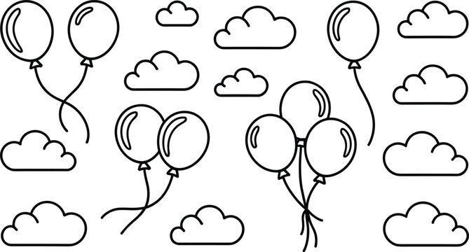 Set of outline balloons floating among fluffy clouds for birthday greeting cards decoration or party invitation template design