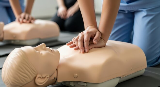 Healthcare Professionals Learning Life-Saving CPR Techniques Using Medical Mannequins in Training Session