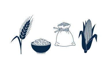 Grain Crop Collection with Wheat Ear Rice Bowl Burlap Sack and Corn Cob Illustration in Line Art. © Sayma Akter