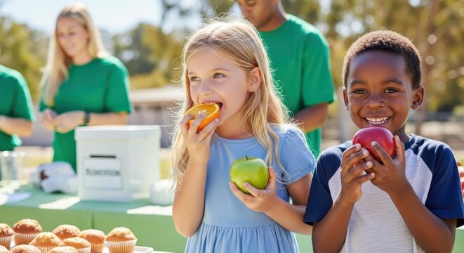 Diverse Children Enjoying Fresh Fruit at a Community Charity Event with Volunteers in the Background