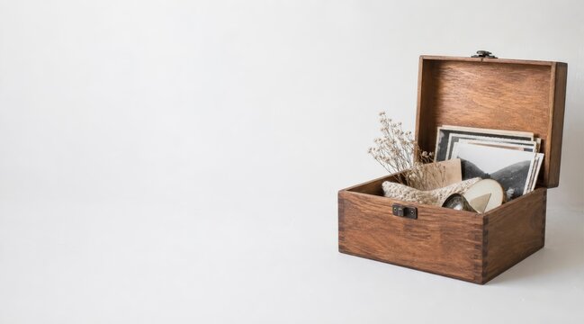 Open wooden memory box on white surface