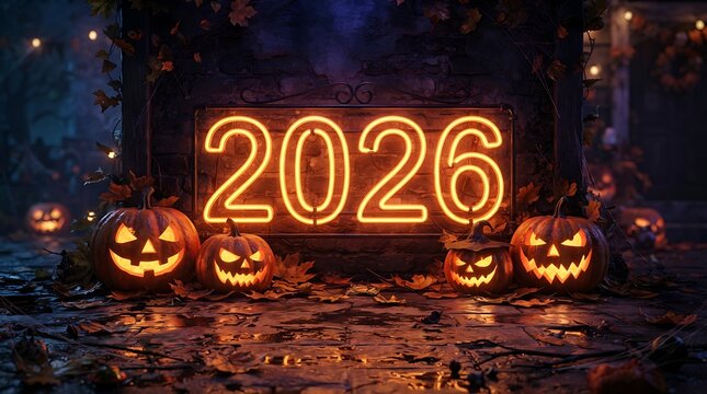 Halloween 2026 glowing pumpkins and neon sign on spooky night