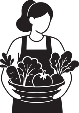 Female Gardener Holding Basket of Fresh Organic Vegetables Flat Vector Silhouette Illustration