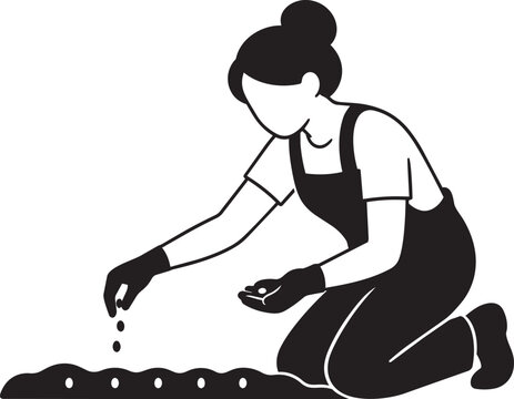 Woman Sowing Seeds in Soil Home Gardening Flat Black Silhouette Vector Illustration
