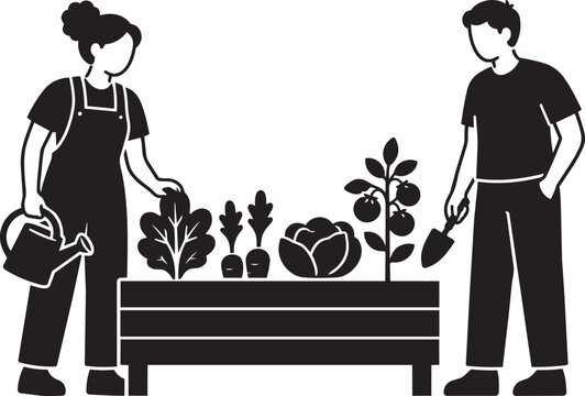 Family Gardening Together in Raised Garden Bed Flat Vector Silhouette Illustration
