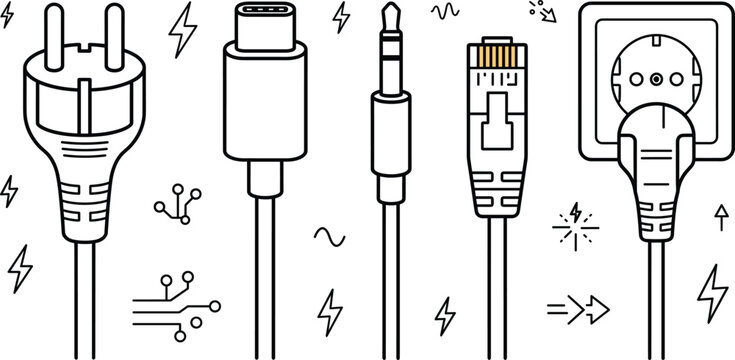 Electric Power Plugs and Wire Cable Connectors Icon Set with Sockets Outlets Vector