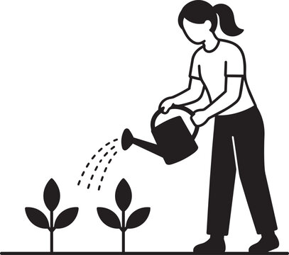 Woman Watering Young Garden Plants with Watering Can Flat Gardening Vector Illustration