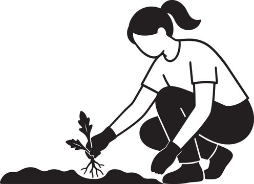 Woman Planting Young Seedling in Garden Flat Black Silhouette Gardening Vector Illustration