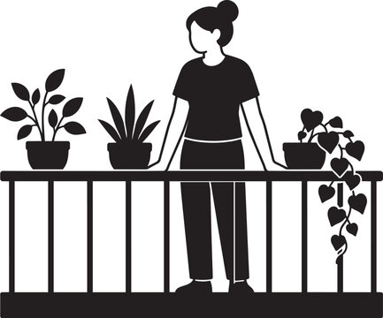 Woman Caring for Plants in Greenhouse Flat Gardening Silhouette Vector Illustration