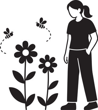 Woman Admiring Blooming Flowers and Butterfly Flat Nature Vector Silhouette Illustration