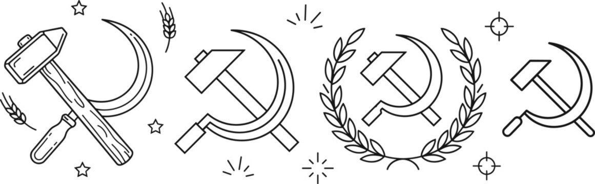Hammer and Sickle Communist Symbol Line Art Vector Icon Set