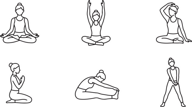 Woman Yoga Poses Line Art Collection With Seated and Standing Stretching Exercises