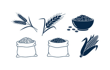 Grain and Cereal Vector Icons Set with Wheat Stalks, Corn Cob, Bowl and Sacks of Seeds on White. © Sayma Akter