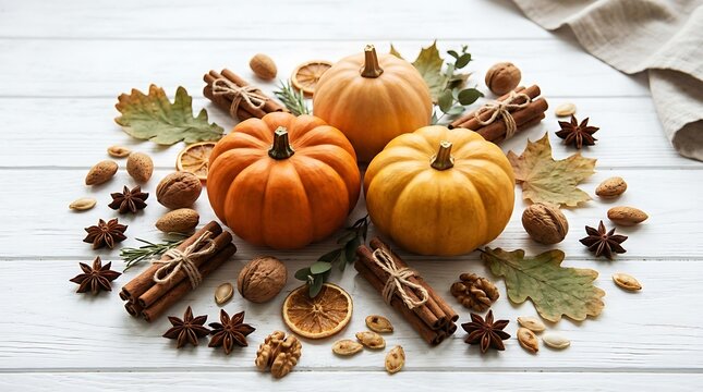 Halloween pumpkins and autumn decor with nuts cinnamon and leaves