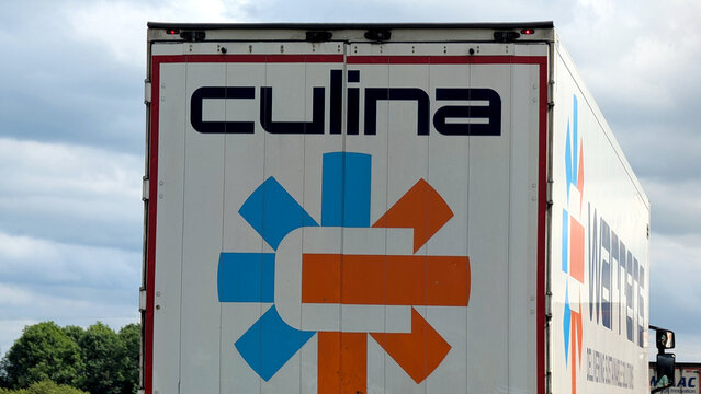 Leicester, England, UK - 18 June 2026: Culina logistics semi trailer rear view, white cargo truck on the road, commercial transport industry branding, freight delivery, distribution vehicle