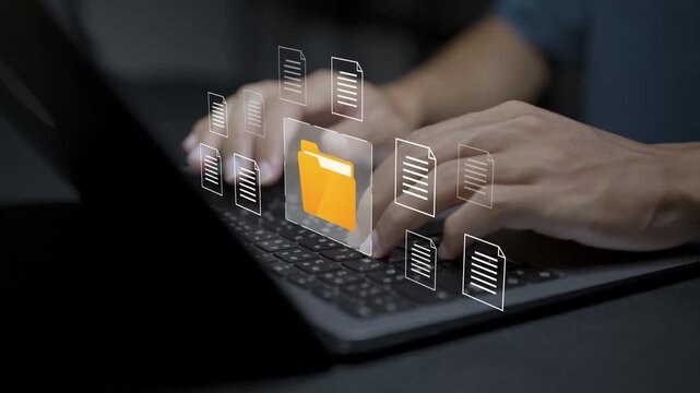 File folder management concept. Person using laptop with document organization and cloud storage icons, digital file management, data organization and business productivity.