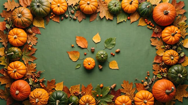Halloween pumpkins and autumn leaves festive fall border for seasonal designs