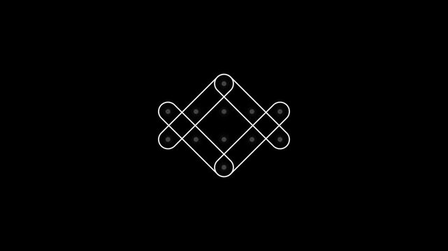White geometric sikku kolam line art with grid dots pattern on dark background 4k