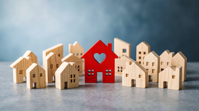 Miniature family houses with heart-shaped home in a snowy village
