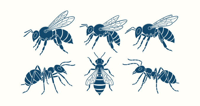 Collection of Blue Mechanical Insect Illustrations Including Bees Wasps and Ants with Robot Details
