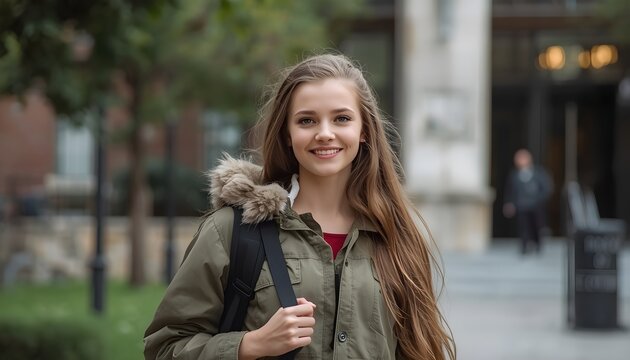Young girl high school or college student She is on her way to class near university building
