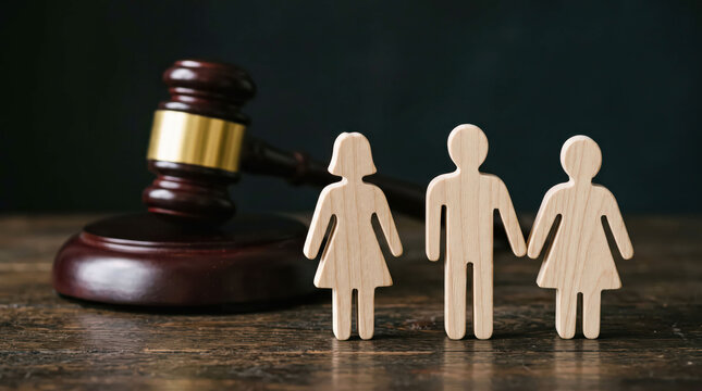 Paper family figures holding hands with gavel and money